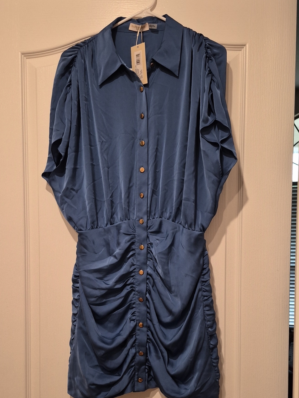 Ramy Brook Slate Blue Ruched Button-Front Mini Dress
